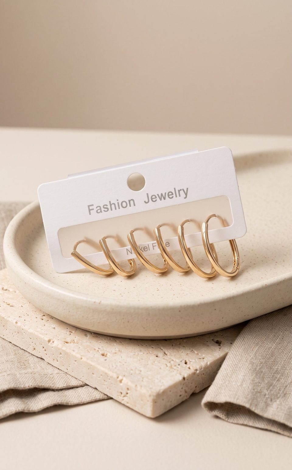 Shekka Pirinç Gold Renk İnce Oval Küpe Seti