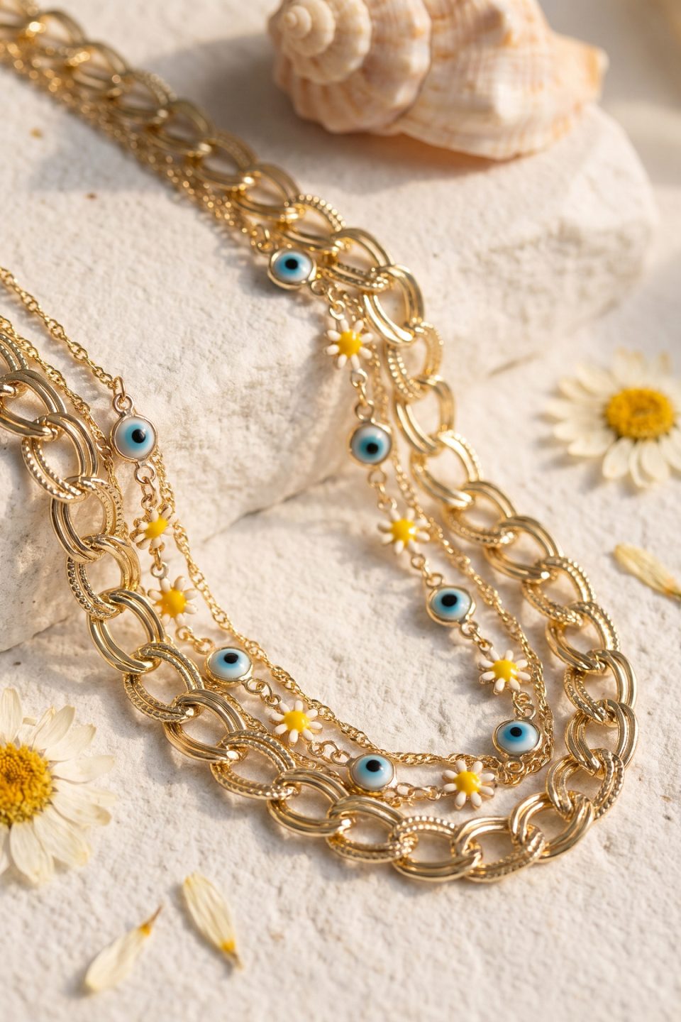 Shekka Gold Renk Samanyolu Zincir Papatya ve Nazarlı Model Kombin Kadın Kolye