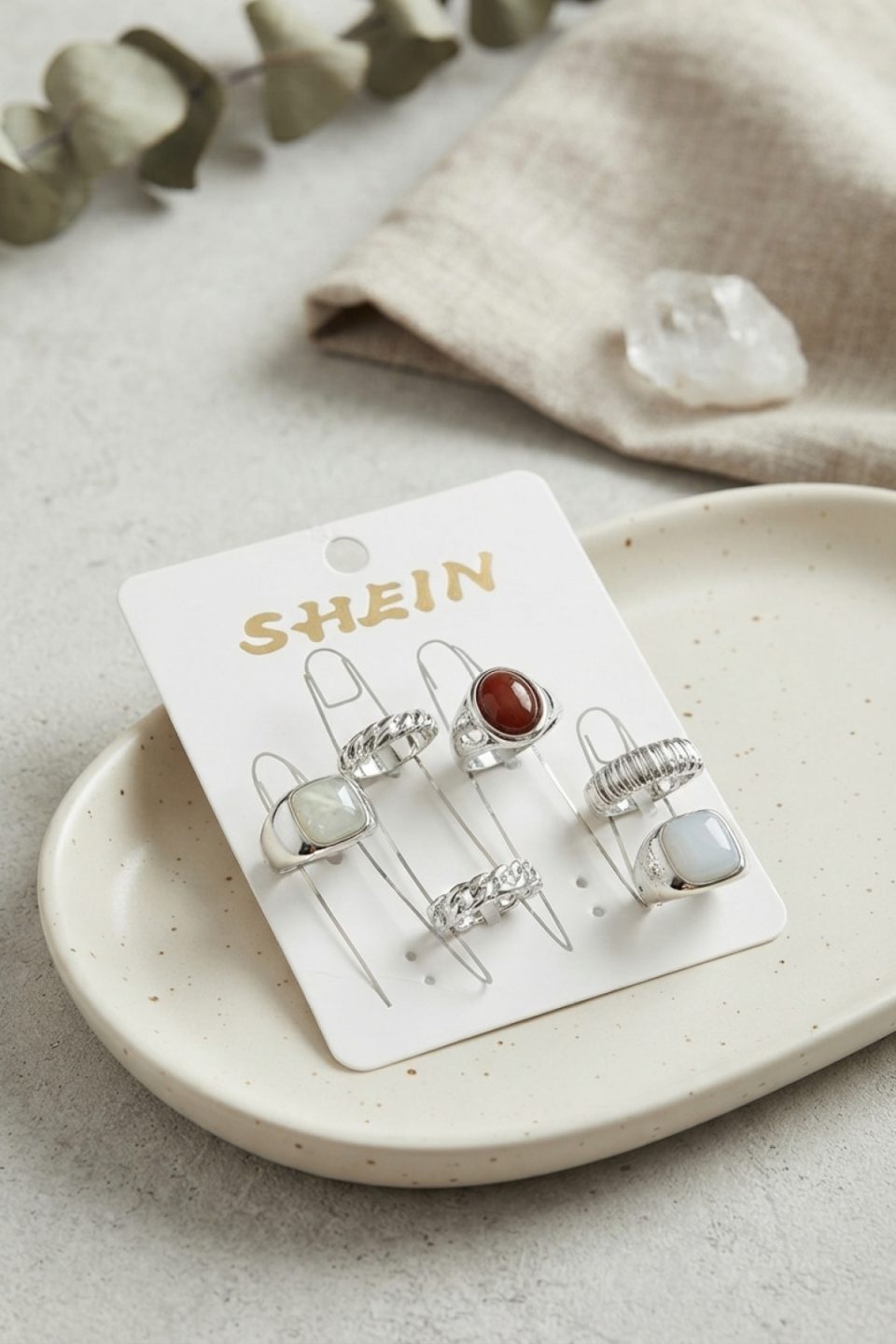Shekka Gümüş Renk Pirinç Taş Detaylı Bohem Yüzük Kombini BYK4279