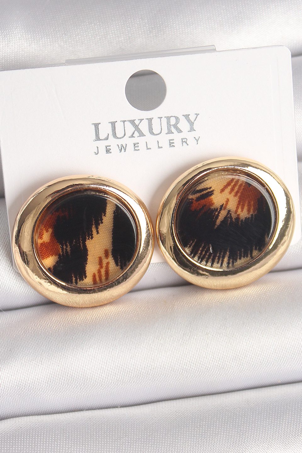 Shekka Pirinç Gold Renk Leopar Desen Daire Model Kadın Küpe