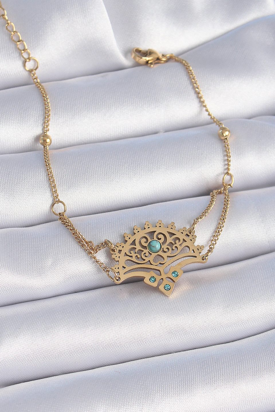 Shekka 316L Çelik Gold Renk Mavi Taşlı Etnik Desen Kadın Bileklik