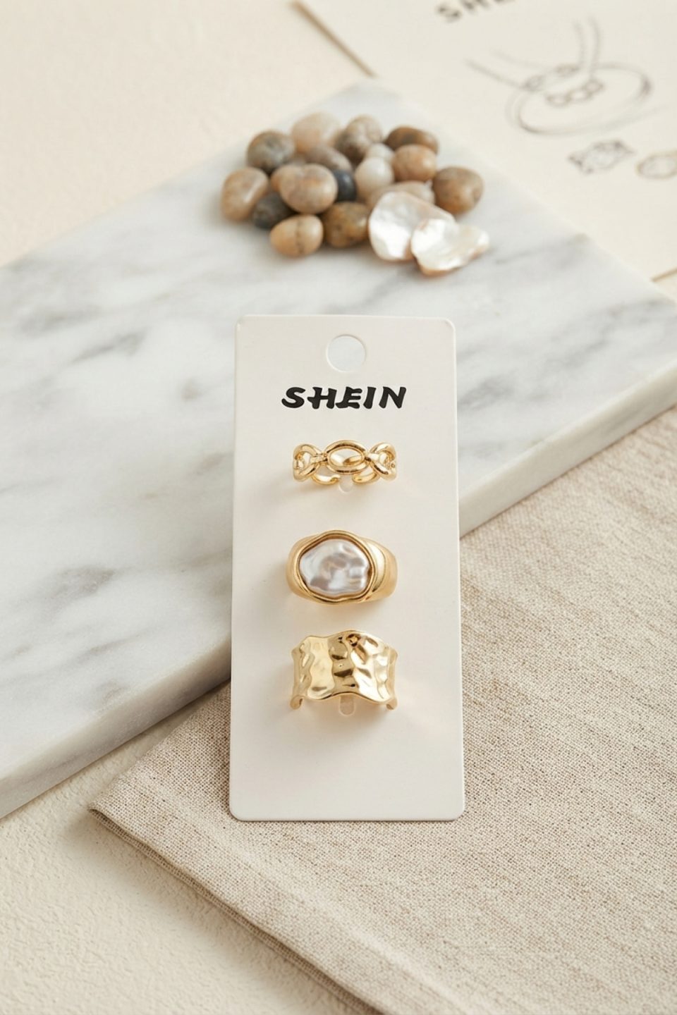 Shekka Gold Renk Pirinç 3'lü Vintage Kadın Yüzük Kombini BYK4288