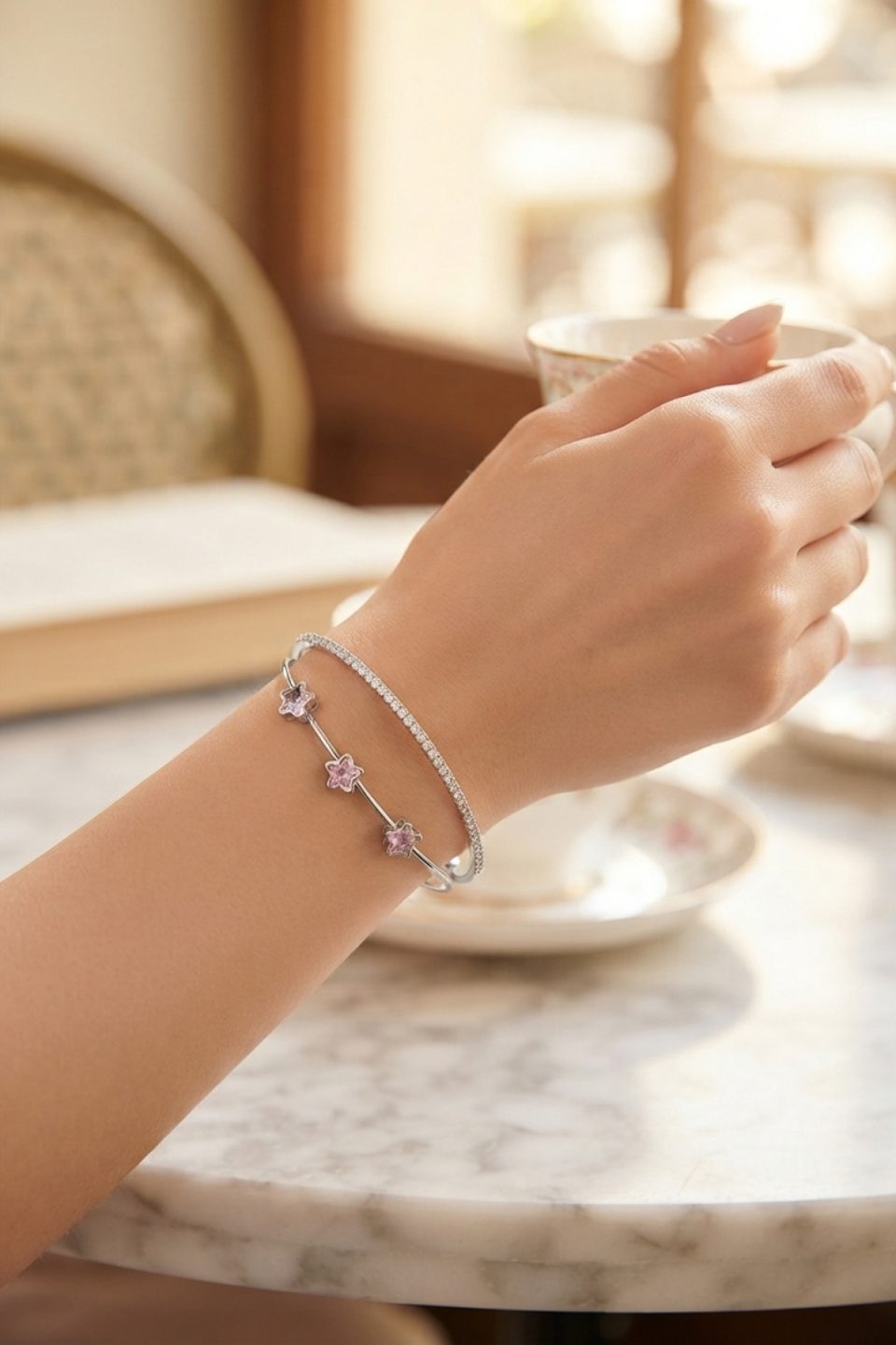 Shekka Pembe Yıldız Model Gold Renk Zirkon Taşlı Pirinç Bileklik — görsel 2