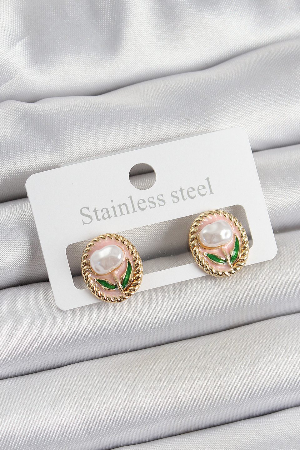 Shekka Pirinç Pembe Mineli Lale Figürlü Sanatsal Portre Model Gold Renk Kadın Küpe