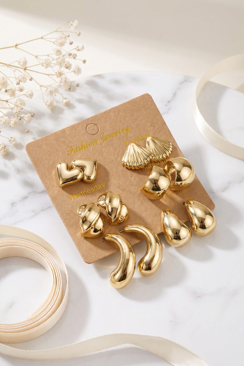 Shekka Metalik Kaplama Gold Renk CCB 6 Çift Kadın Küpe Seti