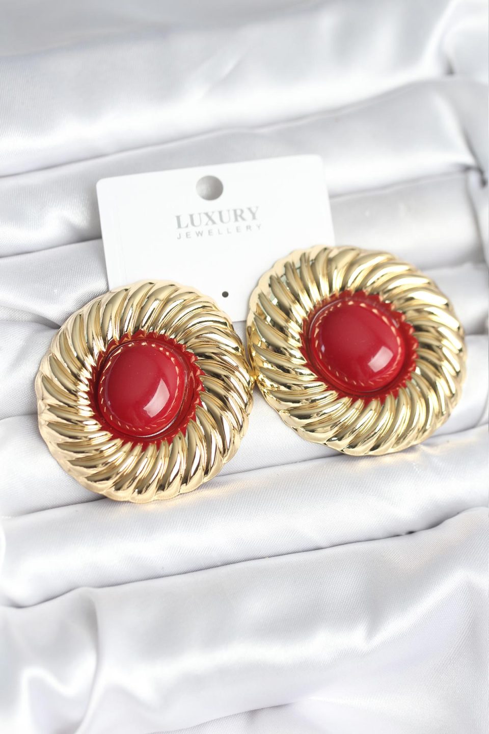 Shekka Pirinç Gold Renk Bordo Boncuklu Vintage Kadın Küpe