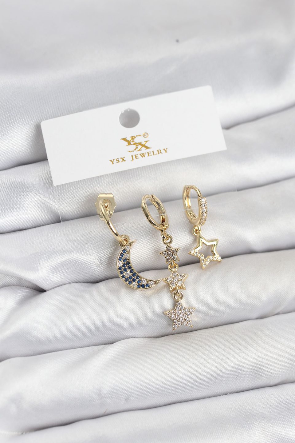 Shekka Pirinç Gold Renk Zirkon Taşlı Ay ve Yıldız Model YSX Trio Küpe Seti