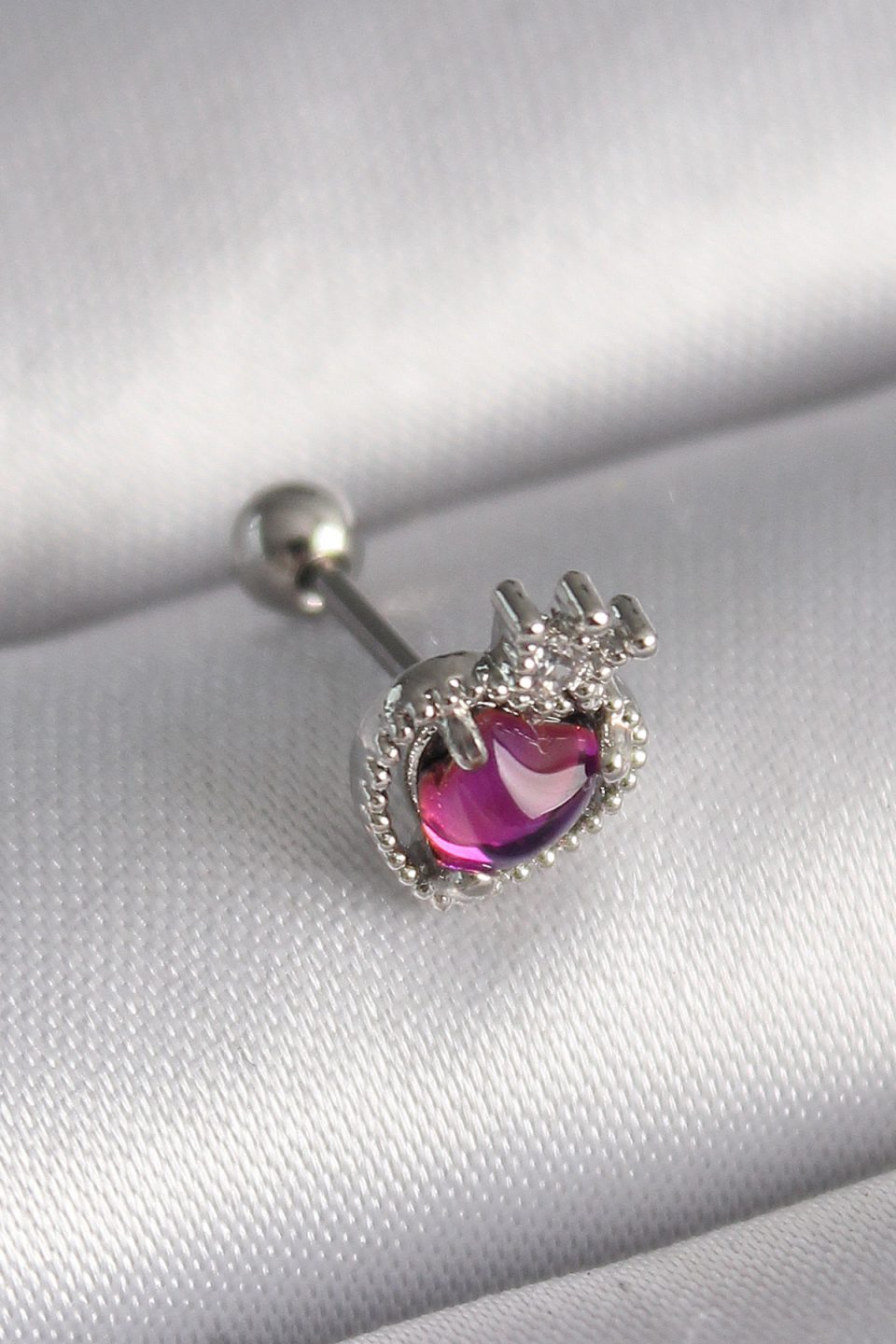 Shekka 316L Çelik Gümüş Renk Pembe Mineli Kalp Zirkon Taş Detaylı Taç Tragus Piercing
