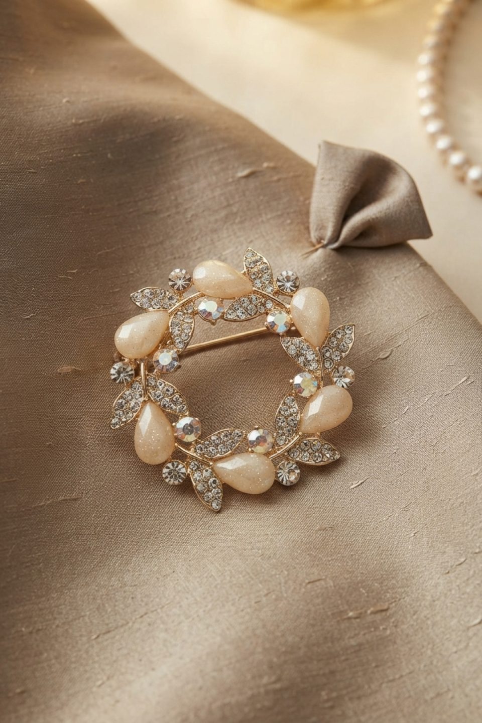 Shekka Gold Krem Detaylı Zirkon Taşlı Broş