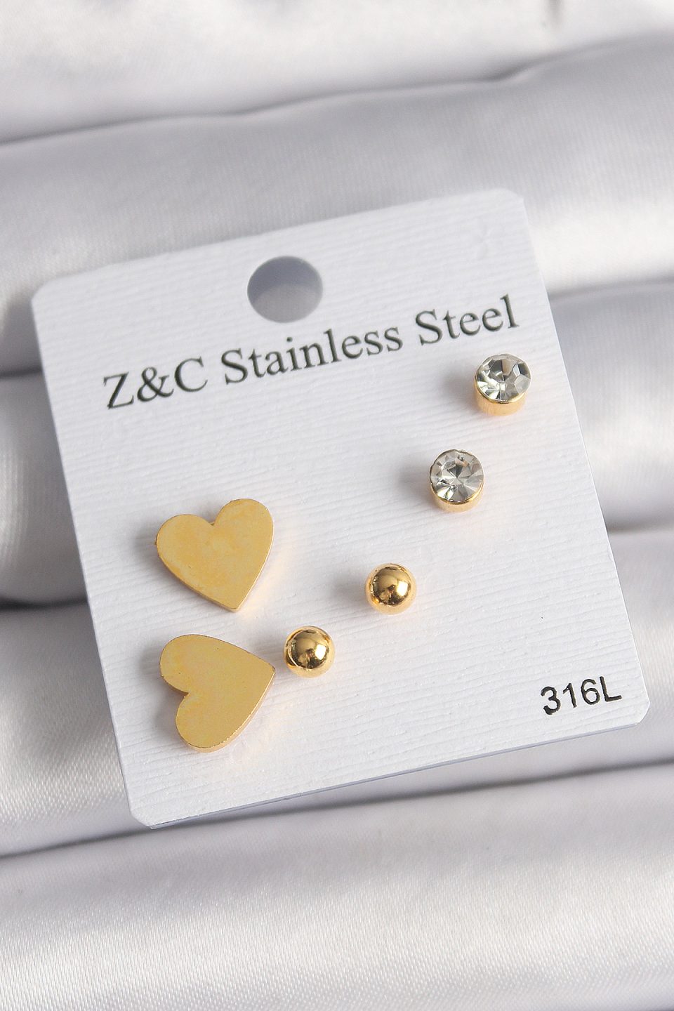 Shekka 316L Çelik Gold Renk Zirkon Taşlı Kalpli Kadın Küpe Seti