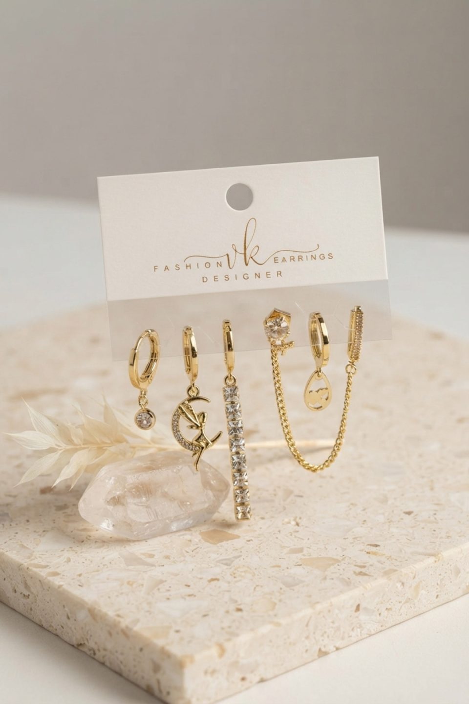 Shekka Gold Renk Pirinç Zirkon Taşlı 6'lı Küpe Set Kombini