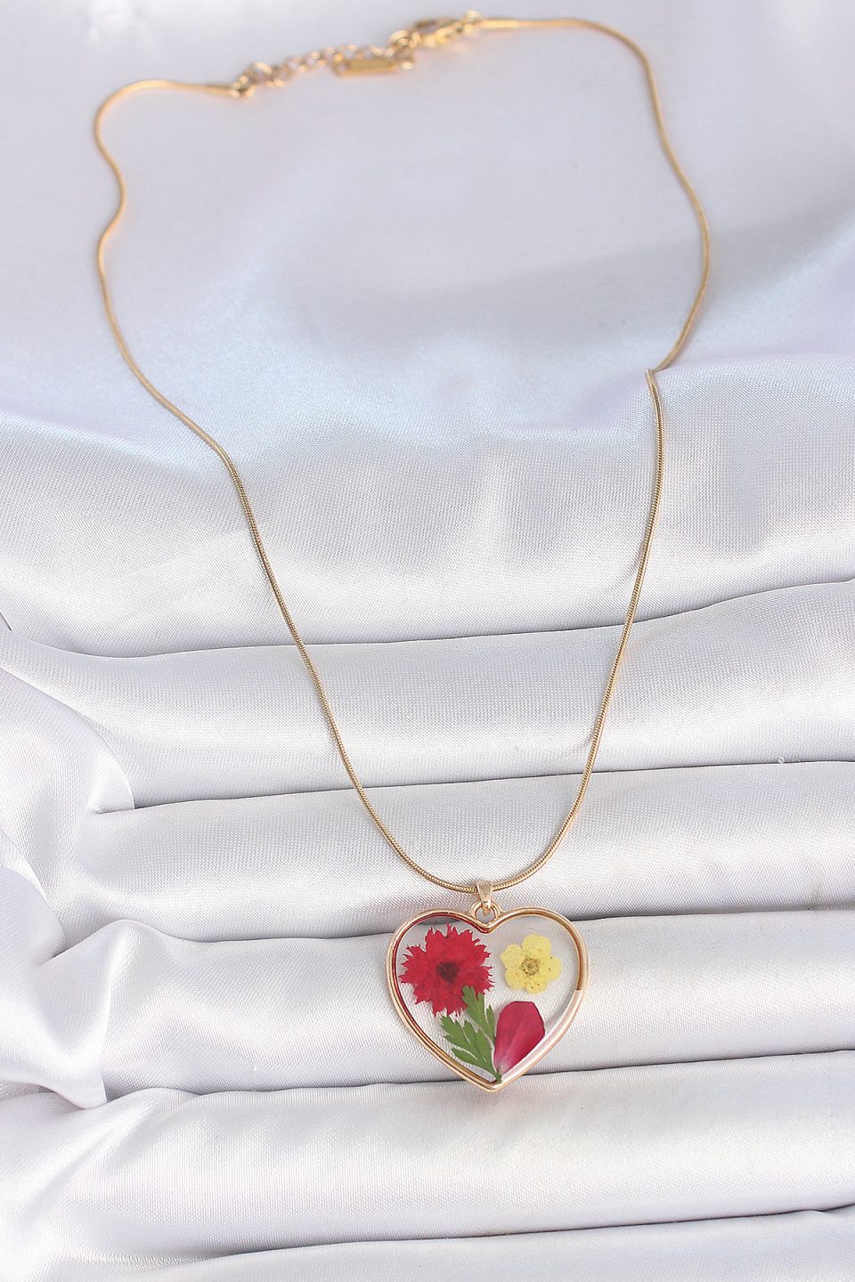 Shekka 316L Çelik Gold Renk Zincir Epokis Kalp Doğal Çiçek Model Kadın Kolye — görsel 2