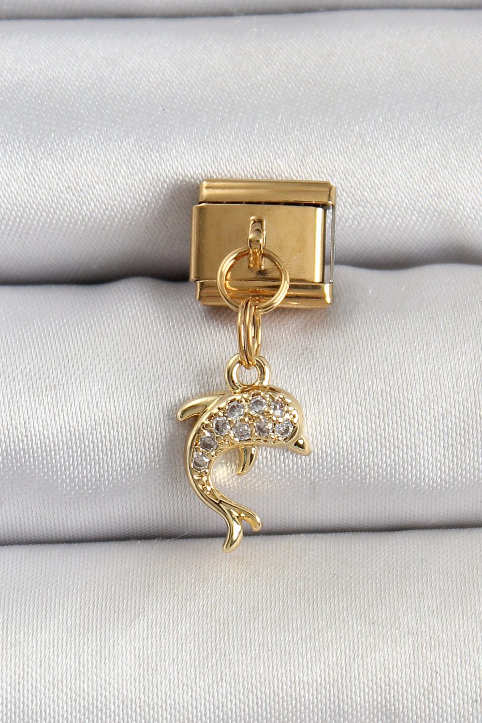 Shekka 316L Çelik Sallantılı Zirkon Taşlı Yunus Balığı Model Gold Renk Nomination Charm