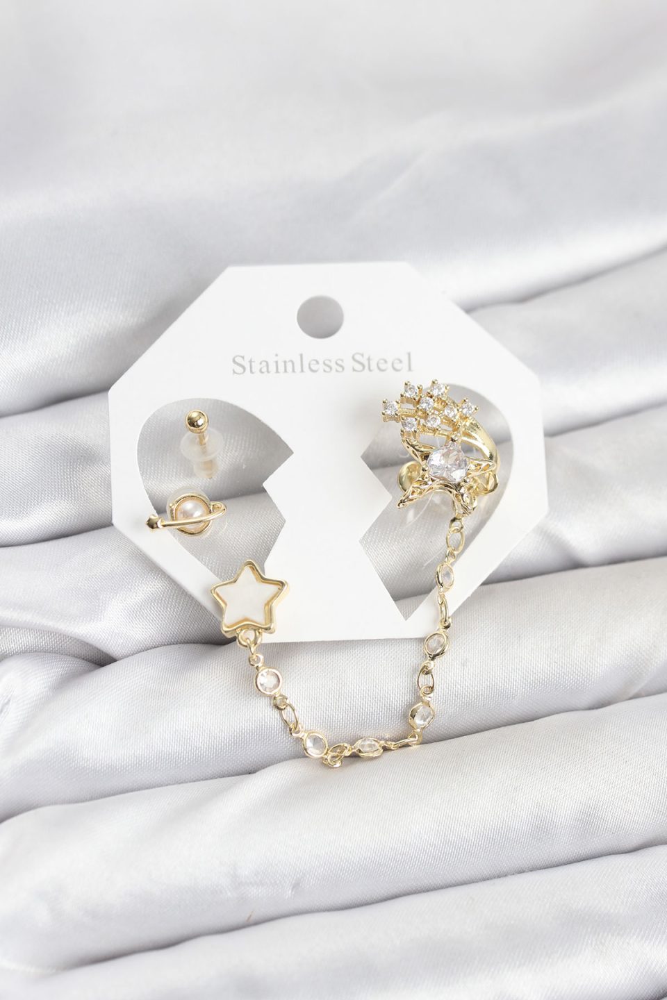 Shekka Pirinç Gold Renk Yıldız Model Zincir Bağlantılı Ear Cuff Küpe Seti