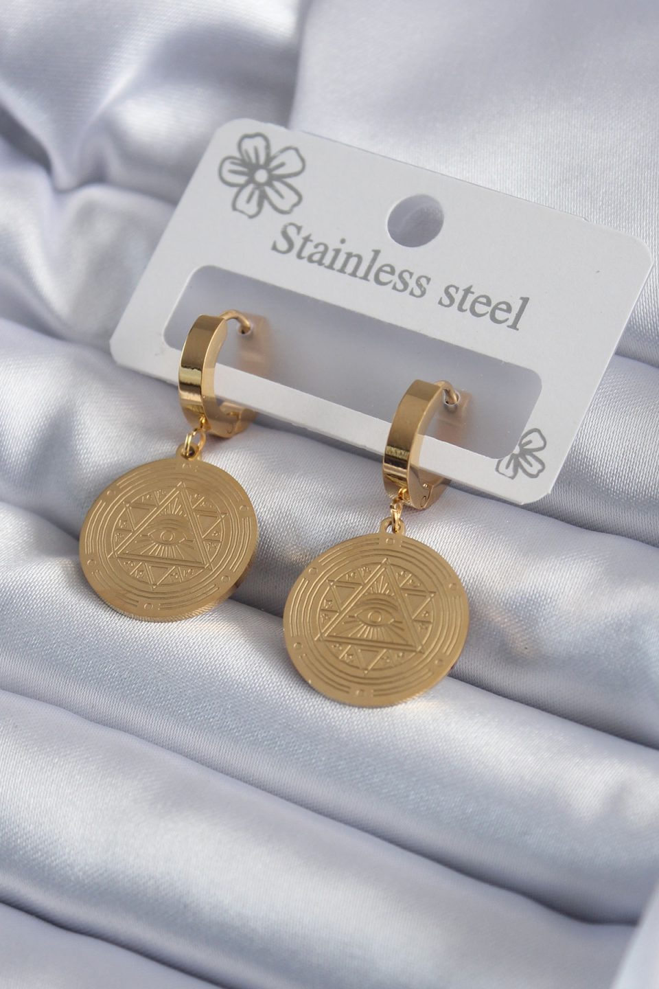 Shekka 316L Çelik Gold Renk Pentagram İşleme Model Kadın Küpe