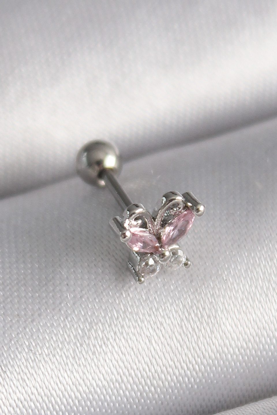 Shekka 316L Çelik Gümüş Renk Pembe Zirkon Taşlı Kelebek Tragus Piercing