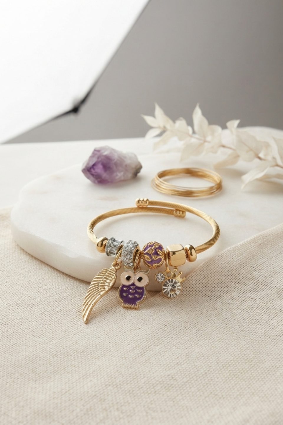 Shekka Mor Baykuş Model Gold Renk Charmlı Bileklik