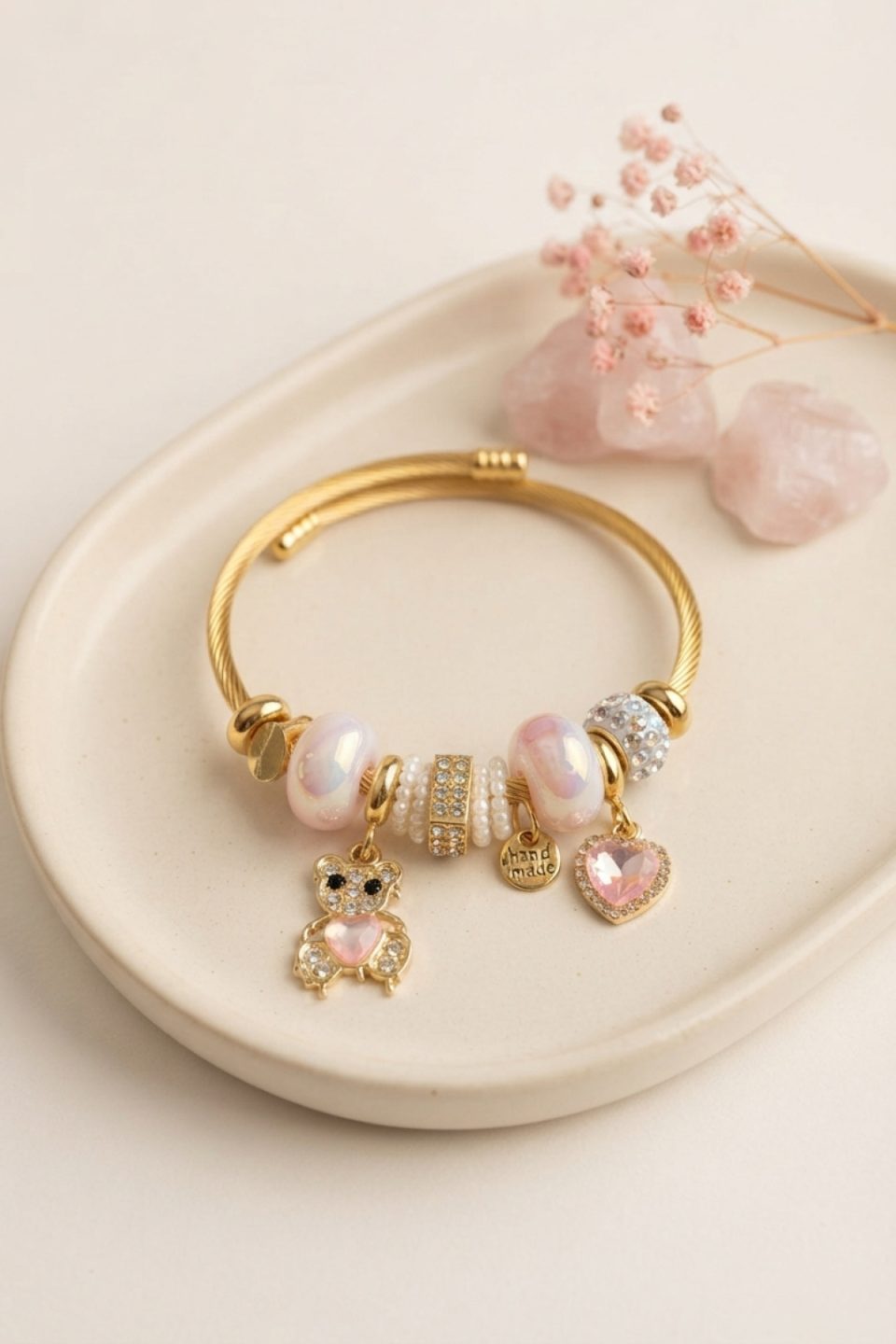 Shekka Tedy Bear Model Gold Renk Pembe Charmlı Bileklik
