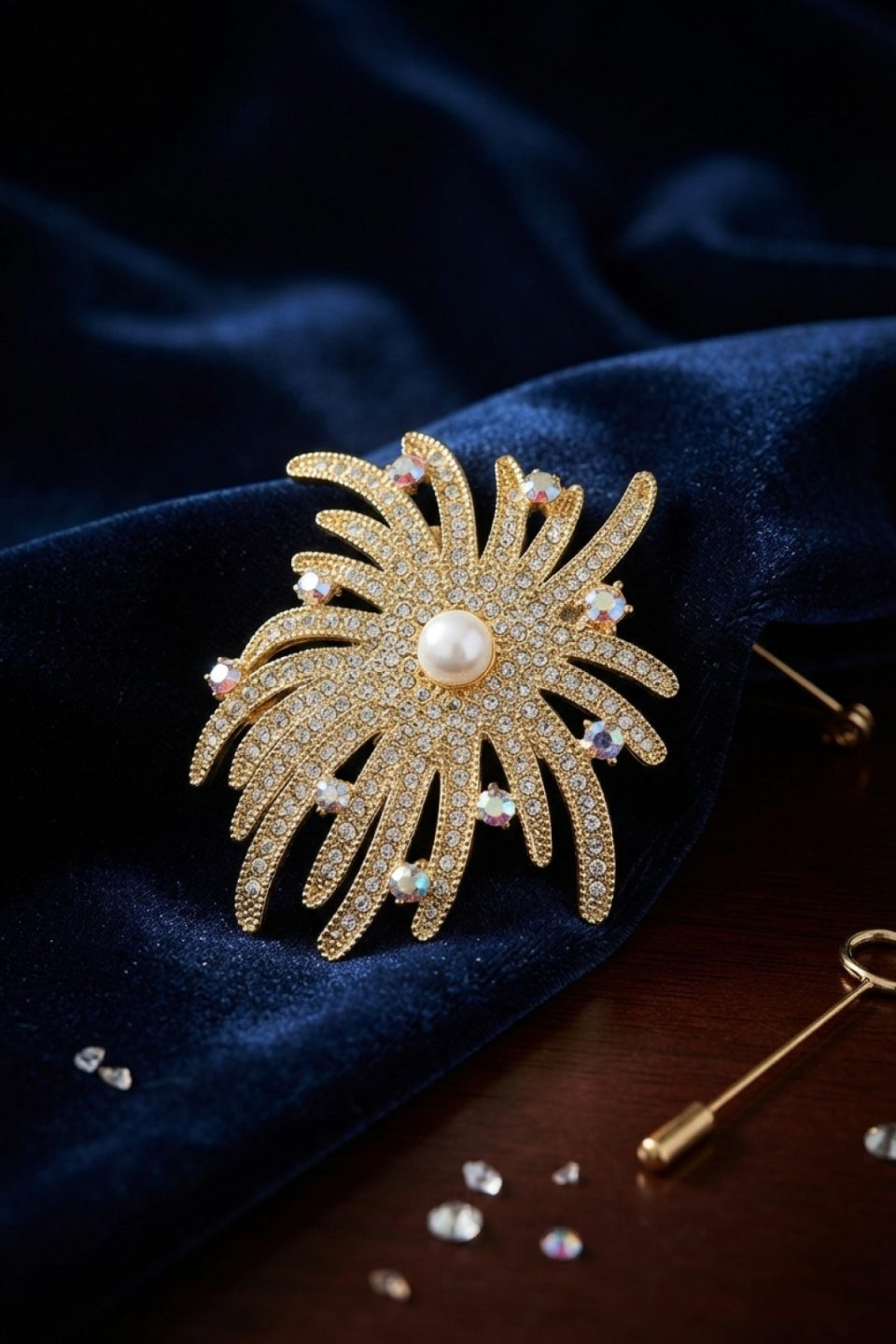 Shekka Zirkon Taşlı Gold Renk İnci Detaylı Broş
