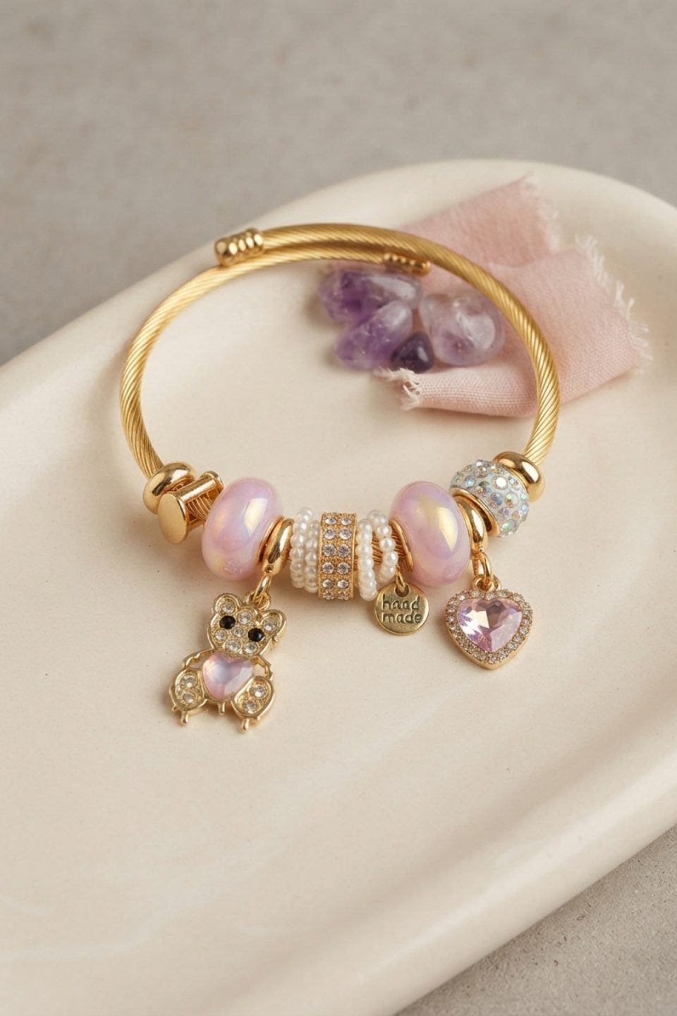 Shekka Pembe Renk Teddy Bear Model Gold Charmlı Bileklik