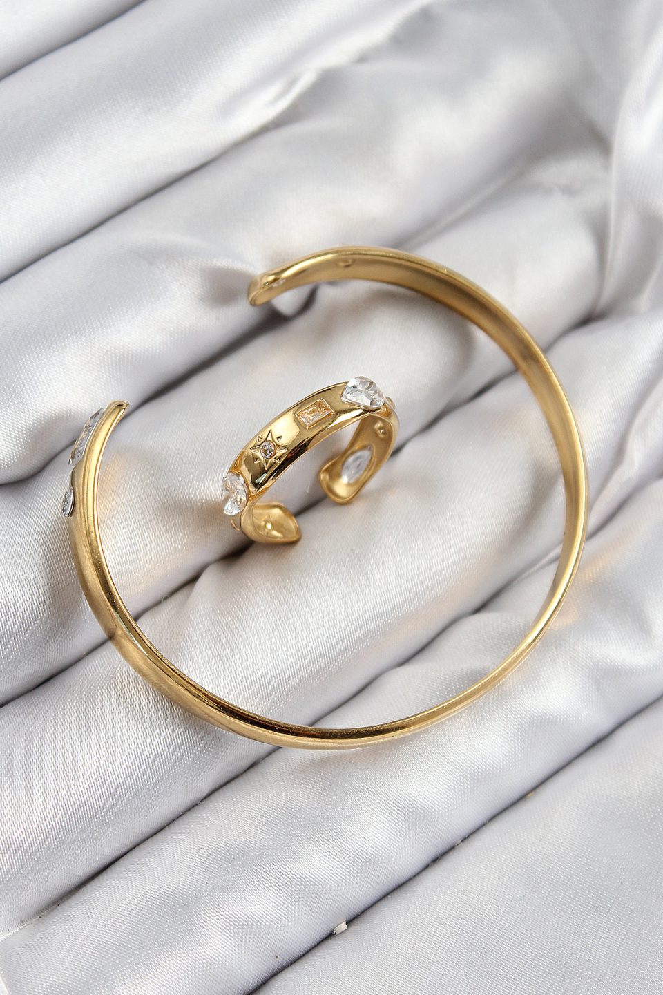 Shekka Pirinç Zirkon Taşlı Ayrık Model Gold Renk Bileklik Yüzük Set — görsel 2