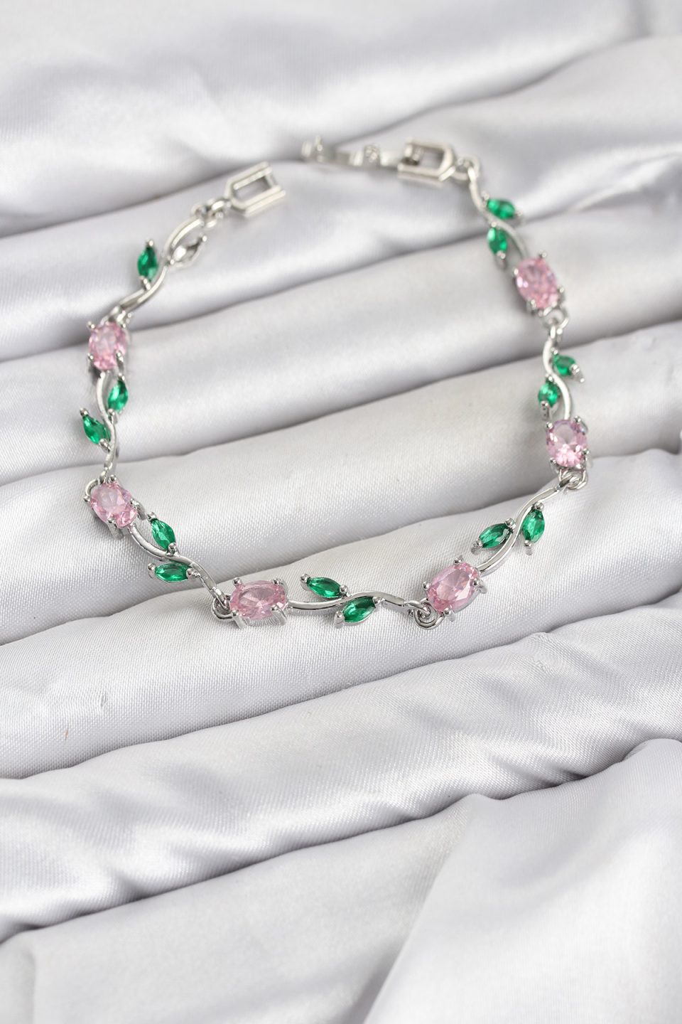 Shekka Pirinç Gümüş Renk Pembe Zirkon Taşlı Çiçek Model Kadın Bileklik — görsel 2