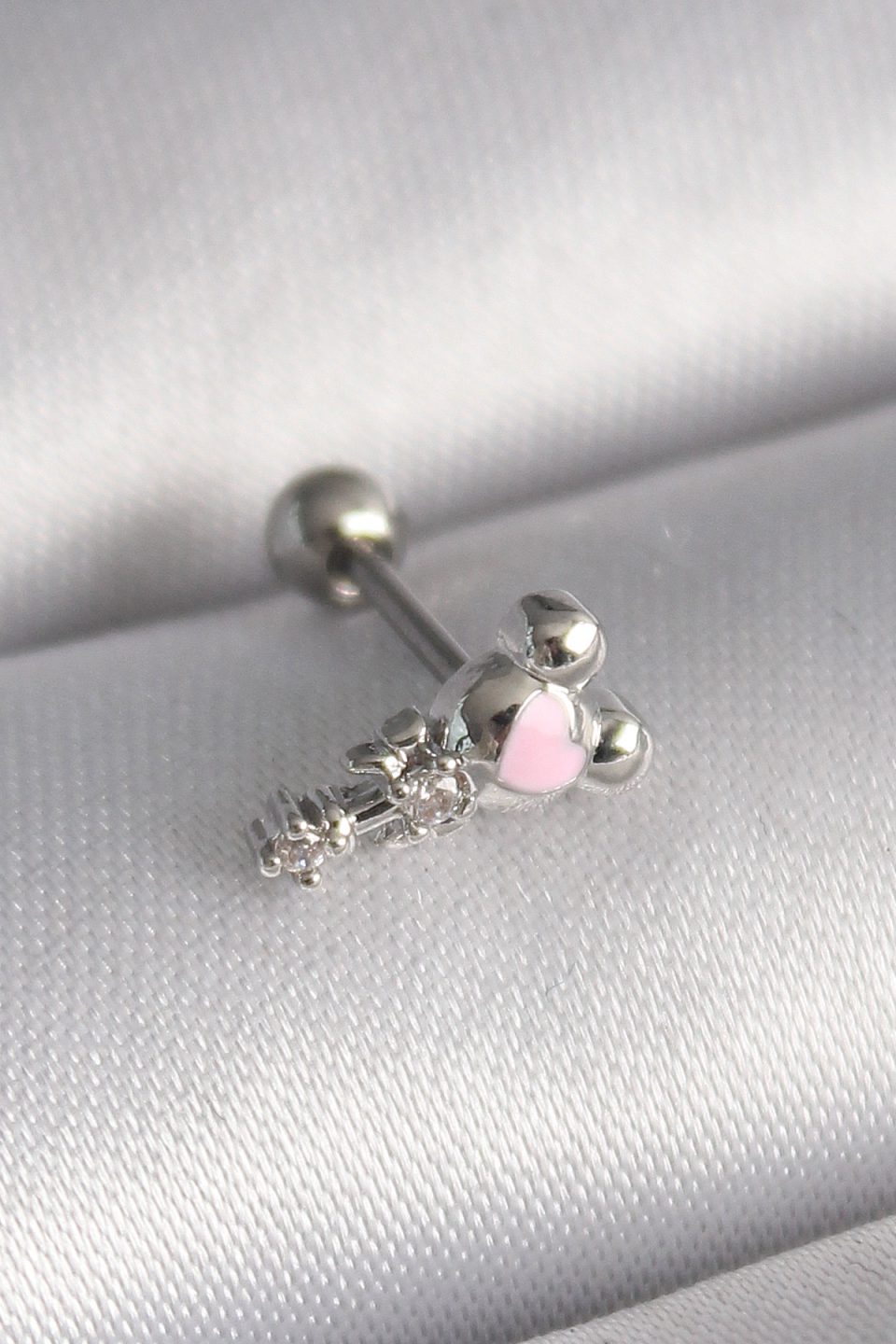 Shekka 316L Çelik Gümüş Renk Zirkon Taş Detay Pembe Kalp İşleme Tragus Piercing