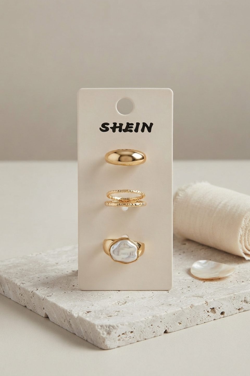 Shekka Gold Renk Pirinç 3'lü Vintage Kadın Yüzük Kombini BYK4290