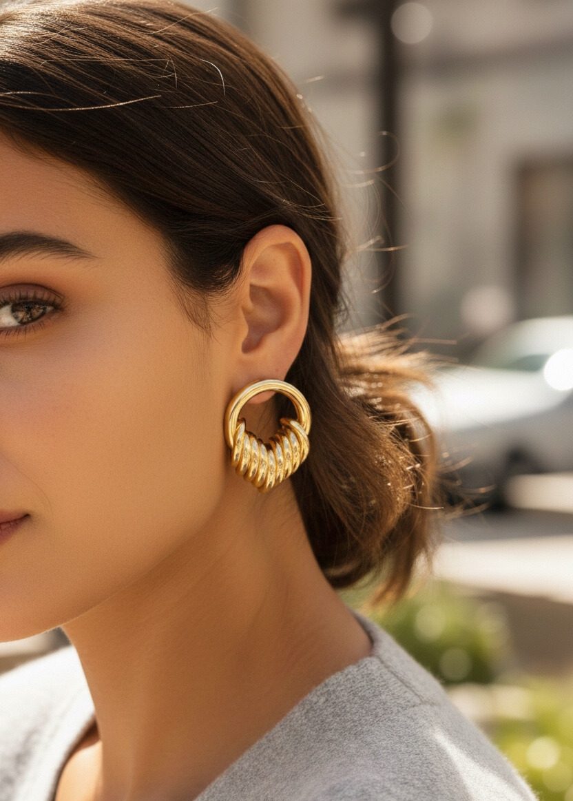 Shekka Pirinç Gold Renk Halka Sarmal Model Vintage Kadın Küpe