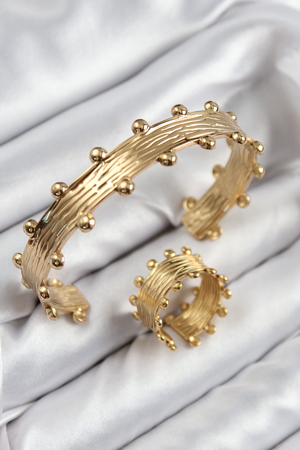 Shekka Pirinç Topcuk Model Gold Renk Bileklik Yüzük Set