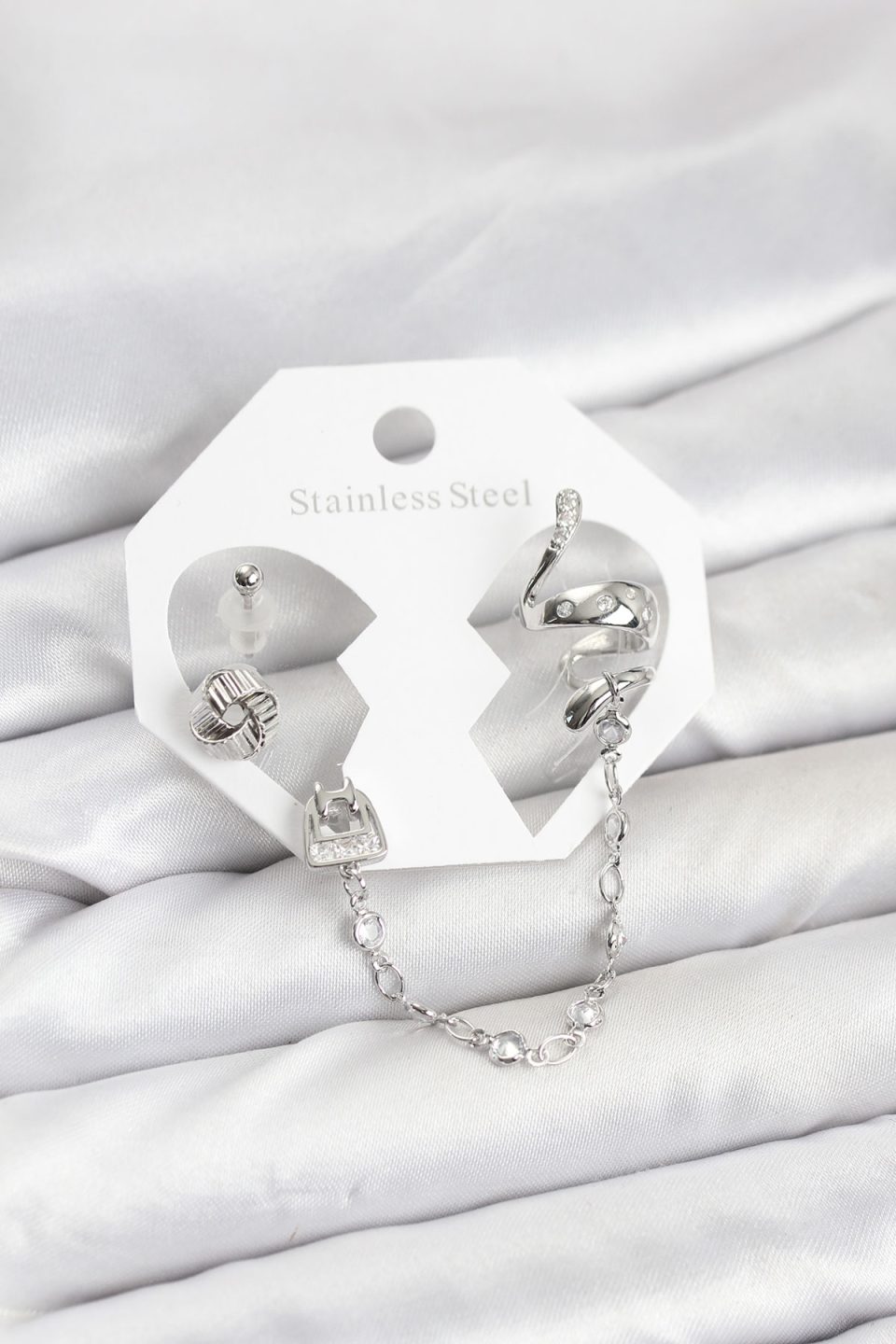 Shekka Pirinç Gümüş Renk Yılan Model Zincir Bağlantılı Ear Cuff Küpe Seti