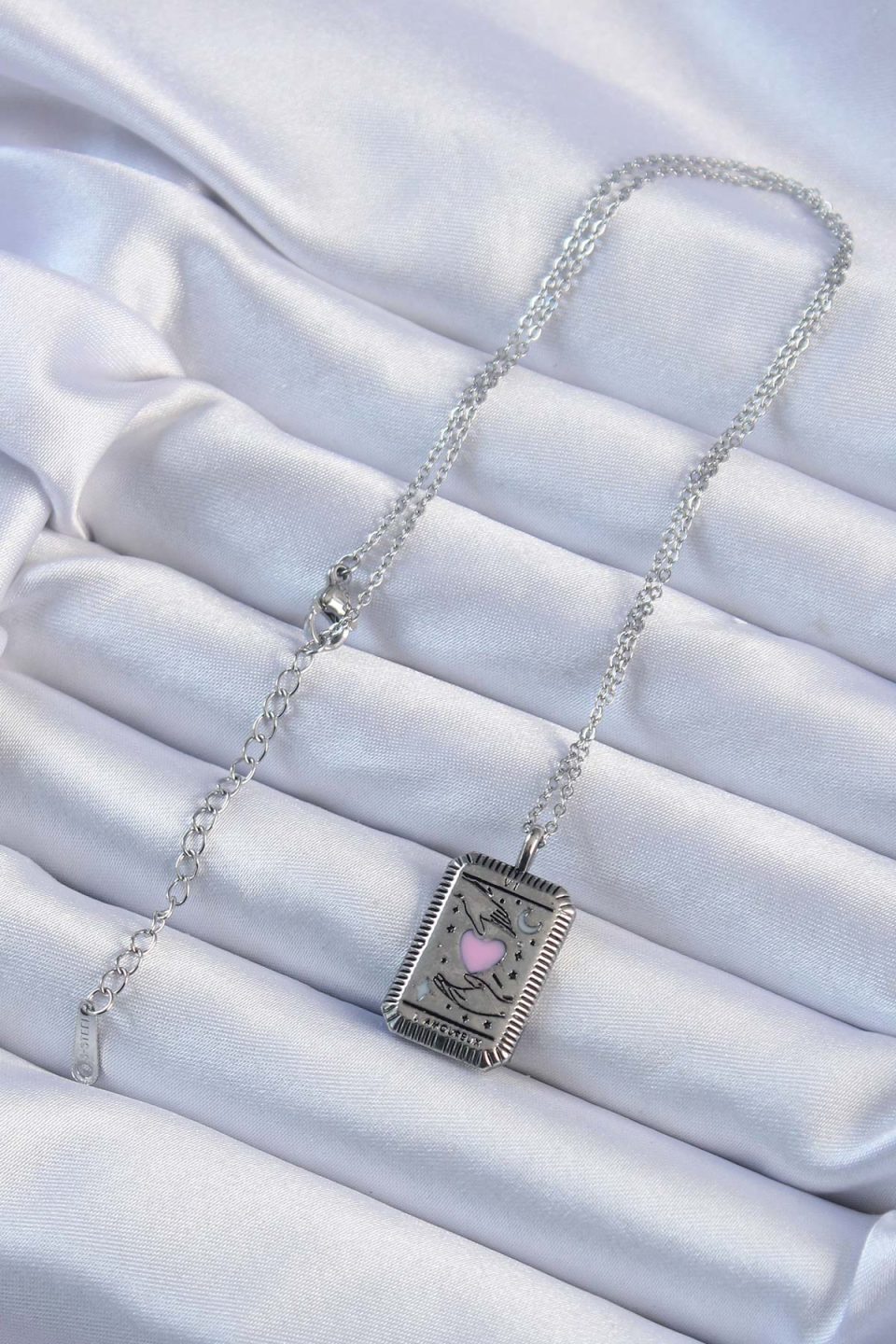 Shekka 316L Çelik Zincir Eskitme Gümüş Renk Pembe Mineli Kalp Figürlü Tarot Kolye — görsel 2
