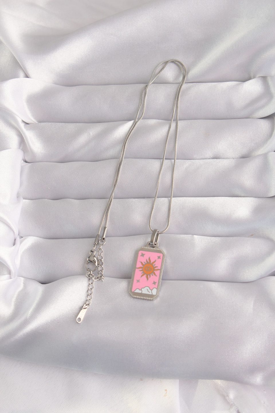 Shekka 316L Çelik Gümüş Renk Pembe Mineli Güneş Model Tarot Kolye — görsel 2