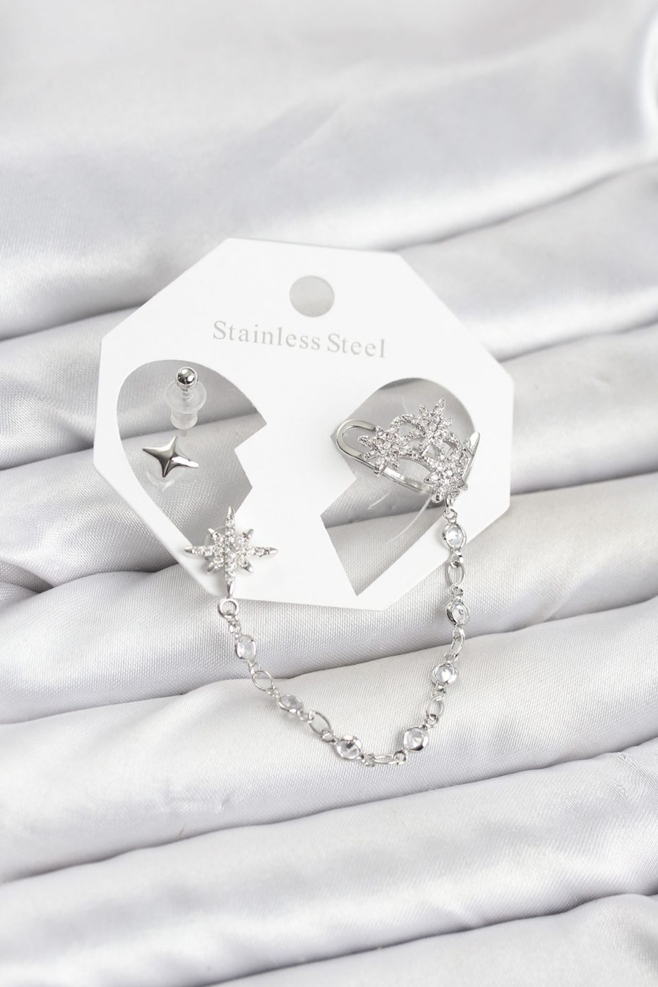 Shekka Kutup Yıldızı Model Pirinç Gümüş Renk Zincir Bağlantılı Ear Cuff Küpe Seti