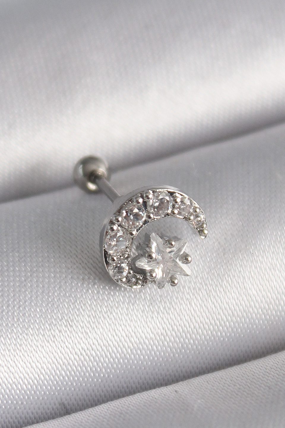 Shekka 316L Çelik Gümüş Renk Zirkon Taşlı Ay Yıldız Tragus Piercing