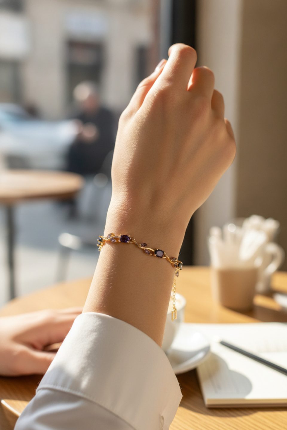 Shekka Pirinç Gold Renk Mor Zirkon Taşlı Çiçek Model Kadın Bileklik — görsel 3