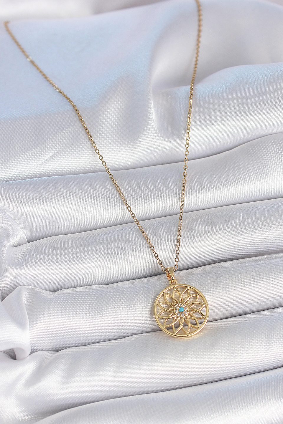Shekka 316L Çelik Gold Renk Zincr Mavi Taşlı Lotus Model Kadın Kolye — görsel 2