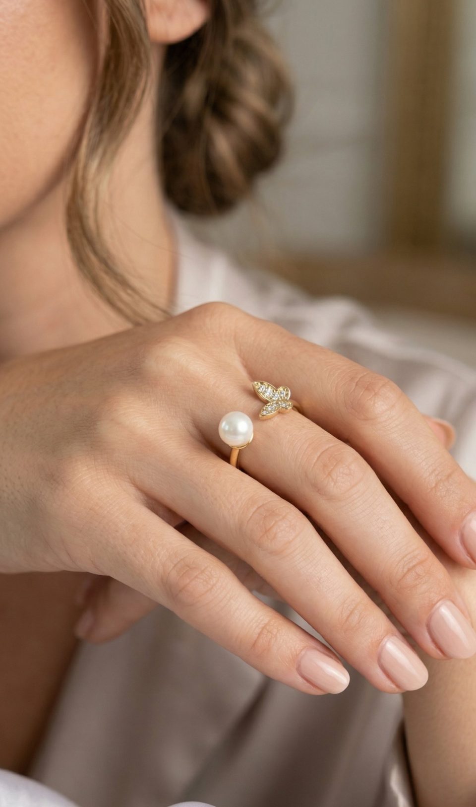 Shekka Kelebek İncili Model Gold Renk Zirkon Taşlı Kadın Yüzük