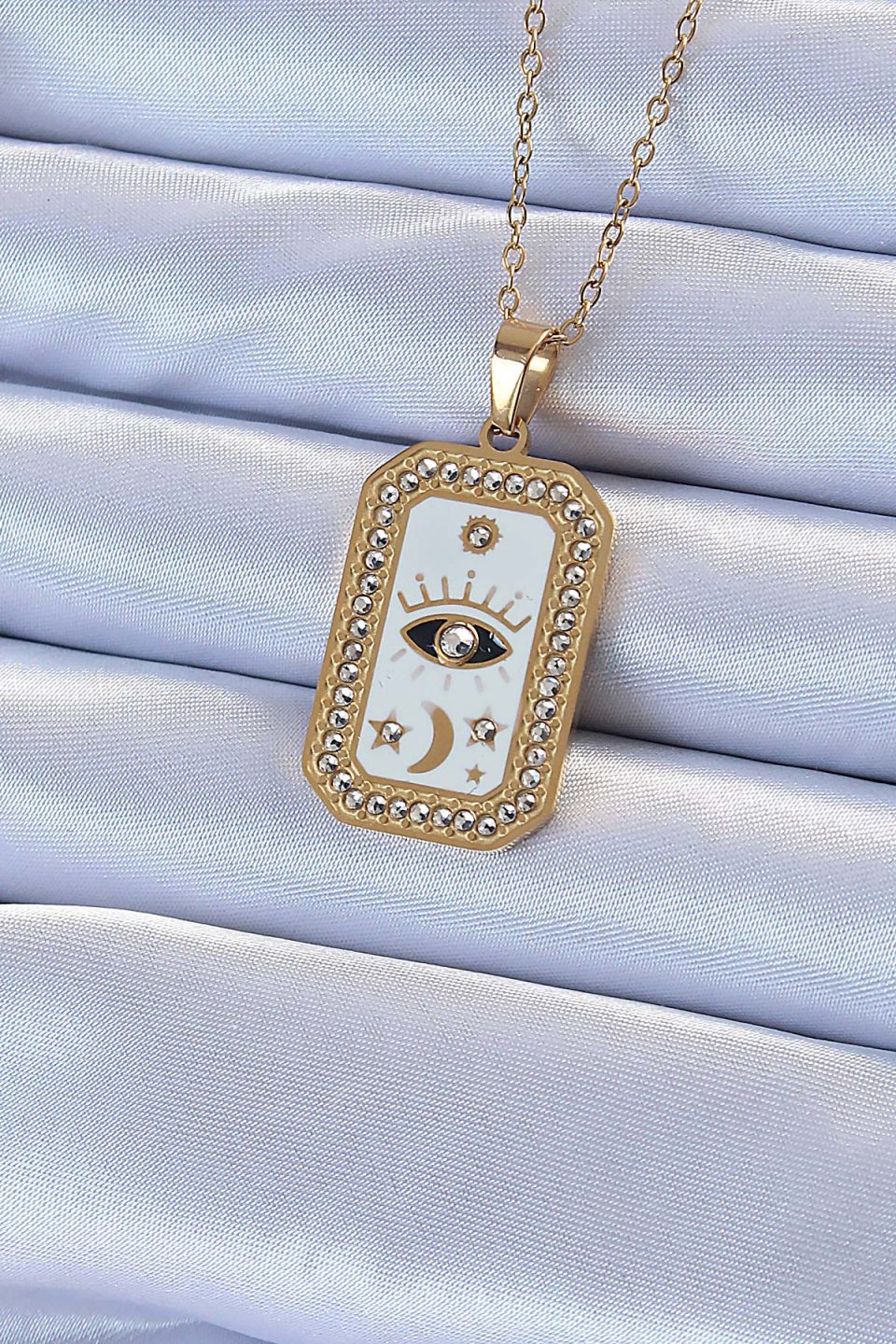 Shekka 316L Çelik Zincir Altın Renk Mineli Zirkon Taşlı Göz Figür Tarot Kolye