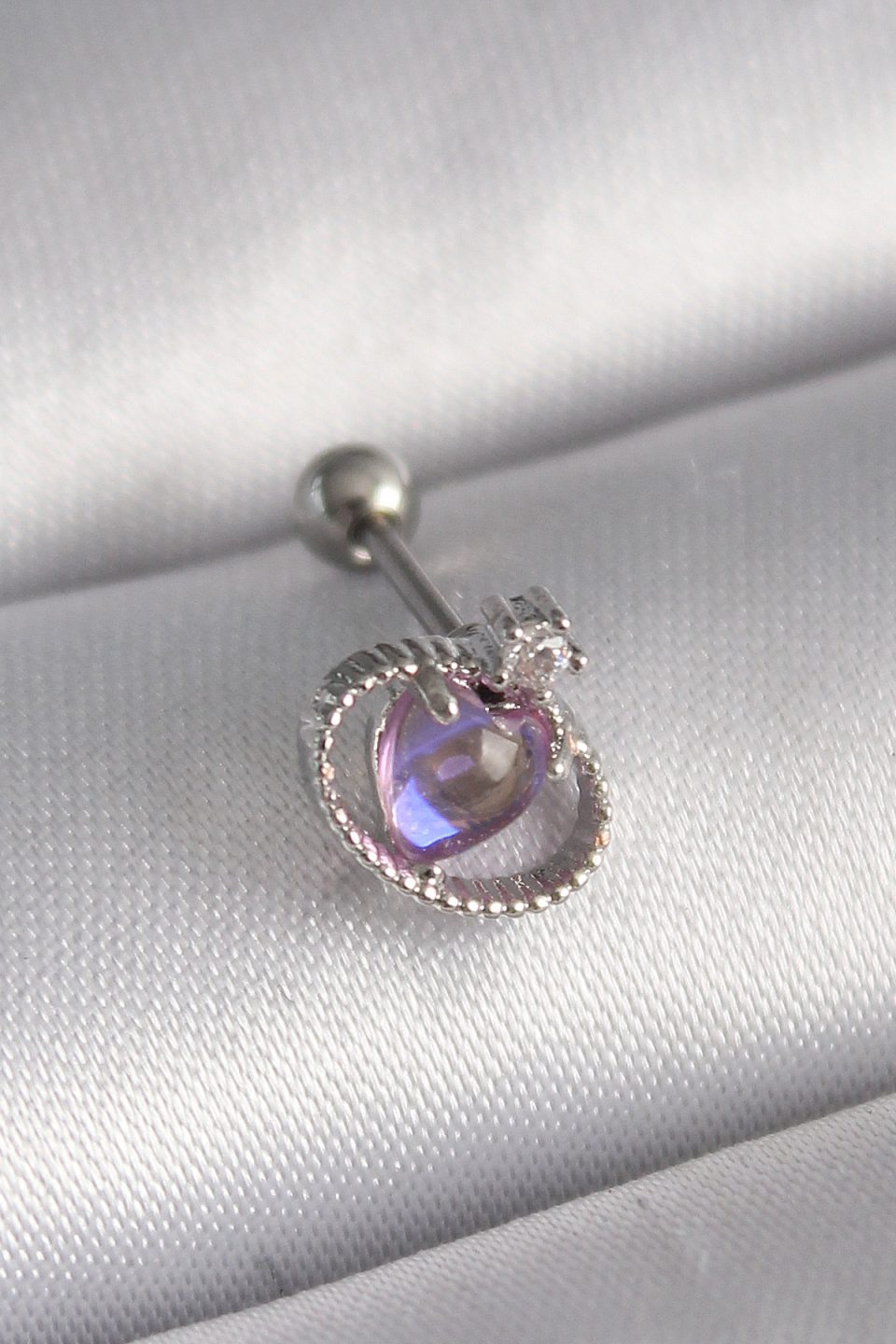 Shekka 316L Çelik Gümüş Renk Mor Mineli Kalp Zirkon Taş Detay Tragus Piercing