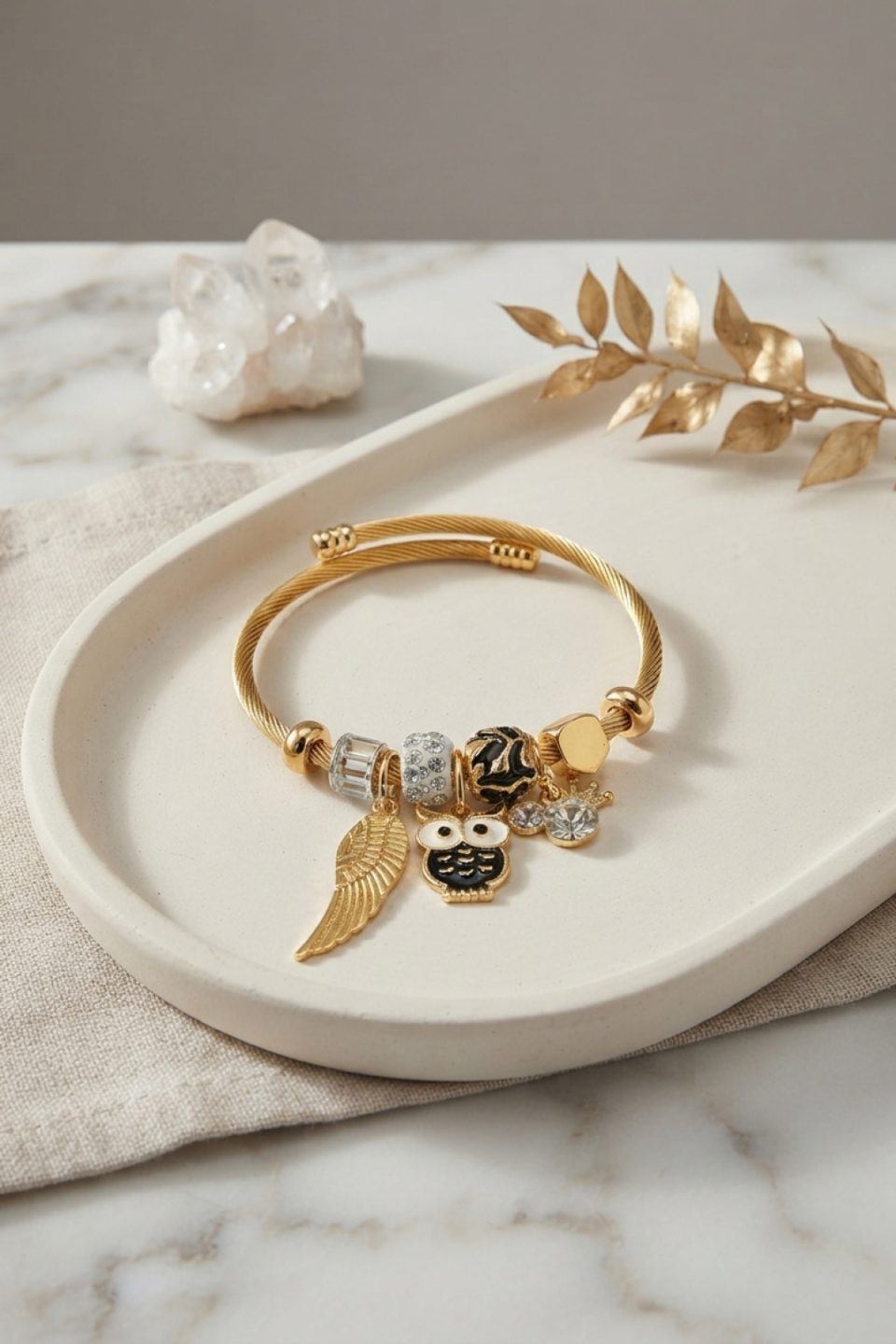 Shekka Siyah Baykuş Model Gold Renk Charmlı Bileklik
