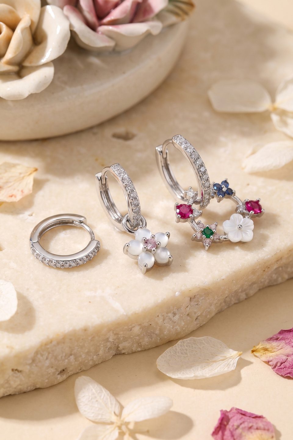 Shekka 3 lü Set Gümüş Renk Çiçek Model Küpe