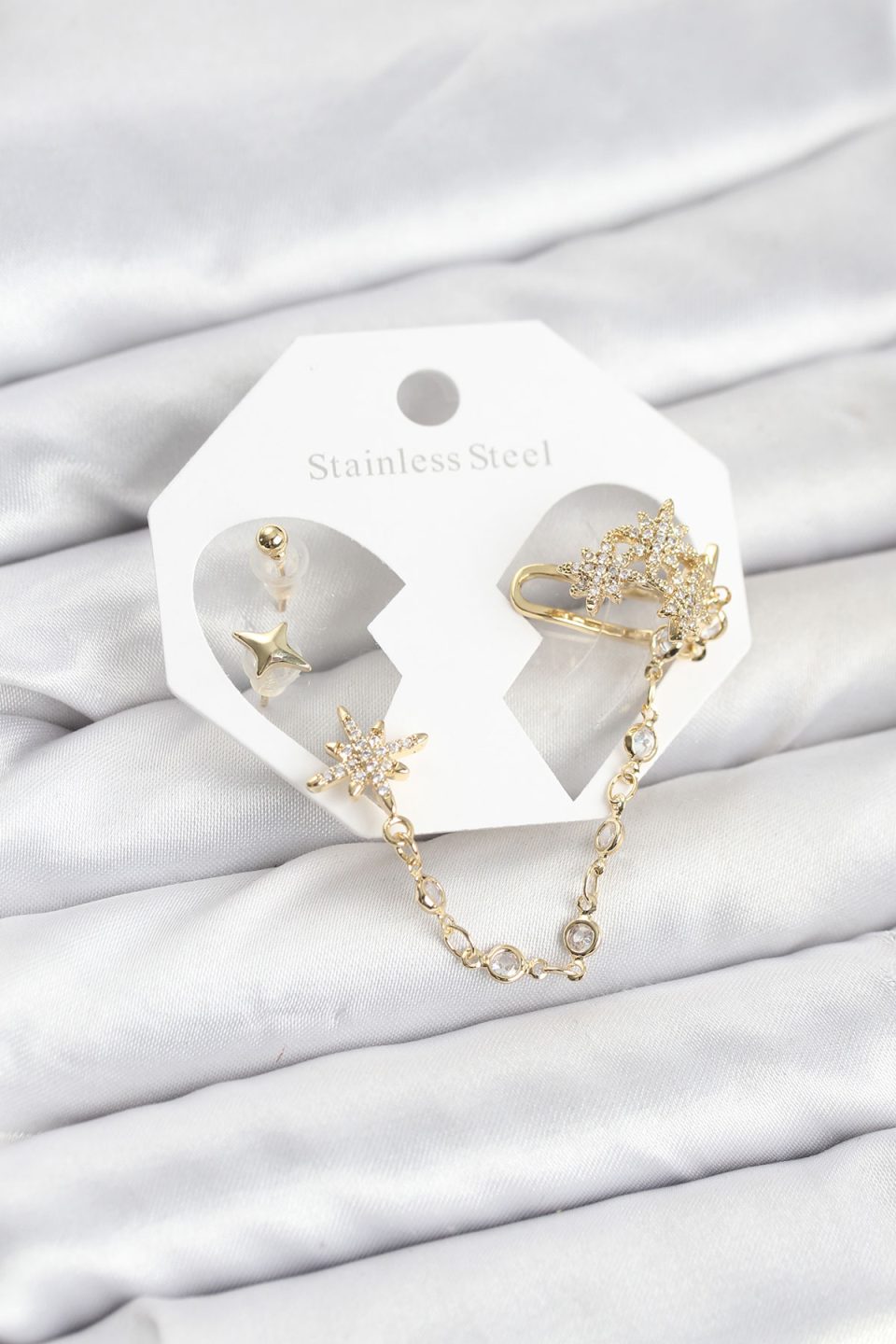 Shekka Kutup Yıldızı Model Pirinç Gold Renk Zincir Bağlantılı Ear Cuff Küpe Seti