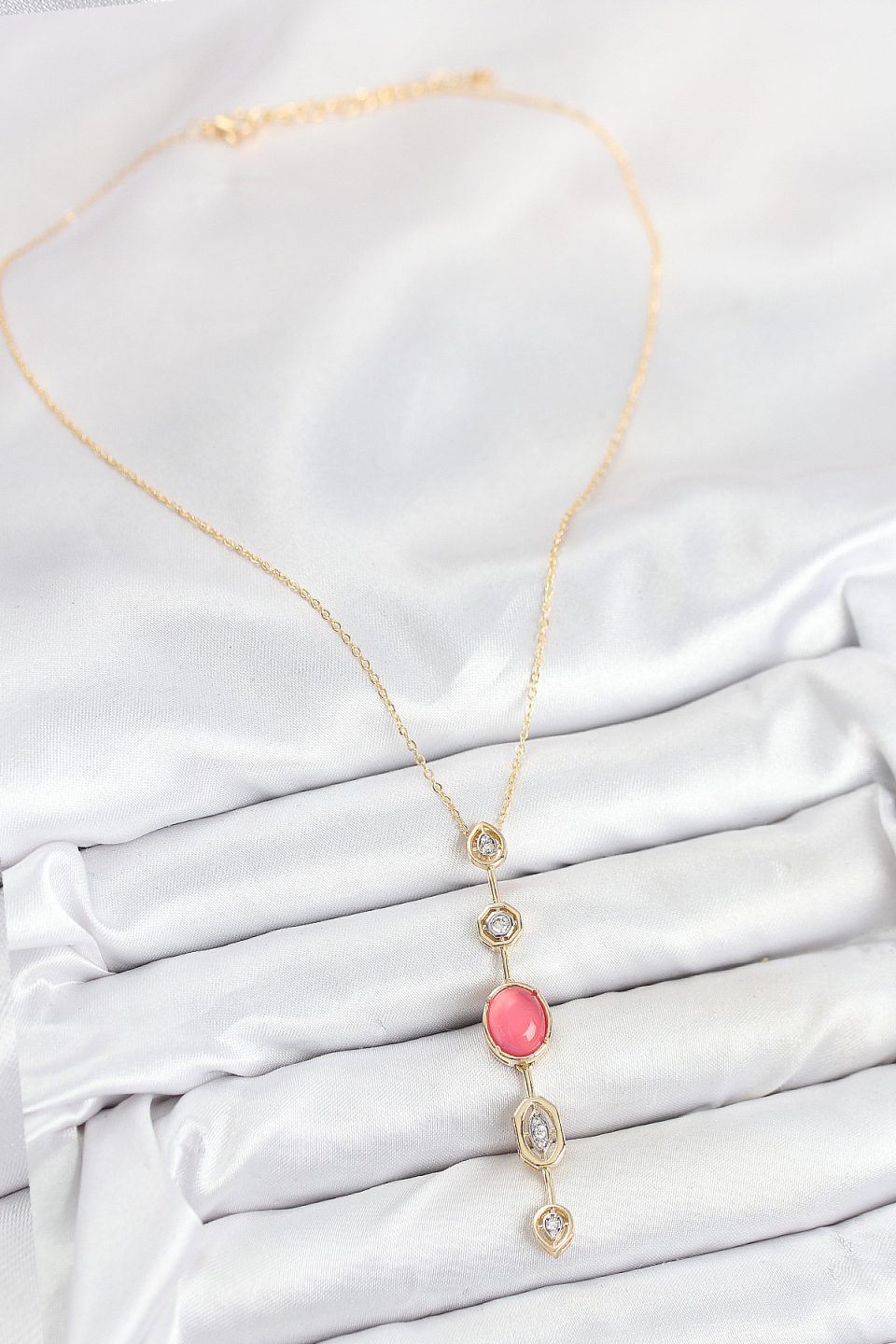 Shekka Pirinç Zincir Pembe Gold Renk Zirkon Taşlı Y Kolye — görsel 2